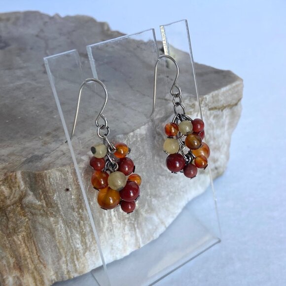 Sterling Silver 925 Beaded Red Jasper Multi-stone Dangle Drop Earrings - Picture 7 of 16